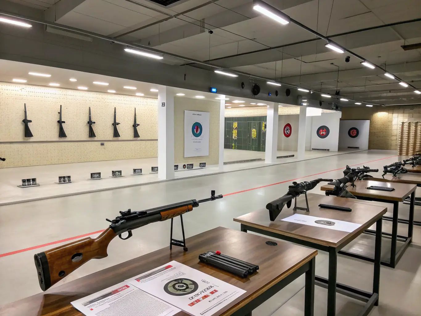 A photograph of a modern, well-equipped firearms training facility with multiple shooting lanes and advanced target systems.