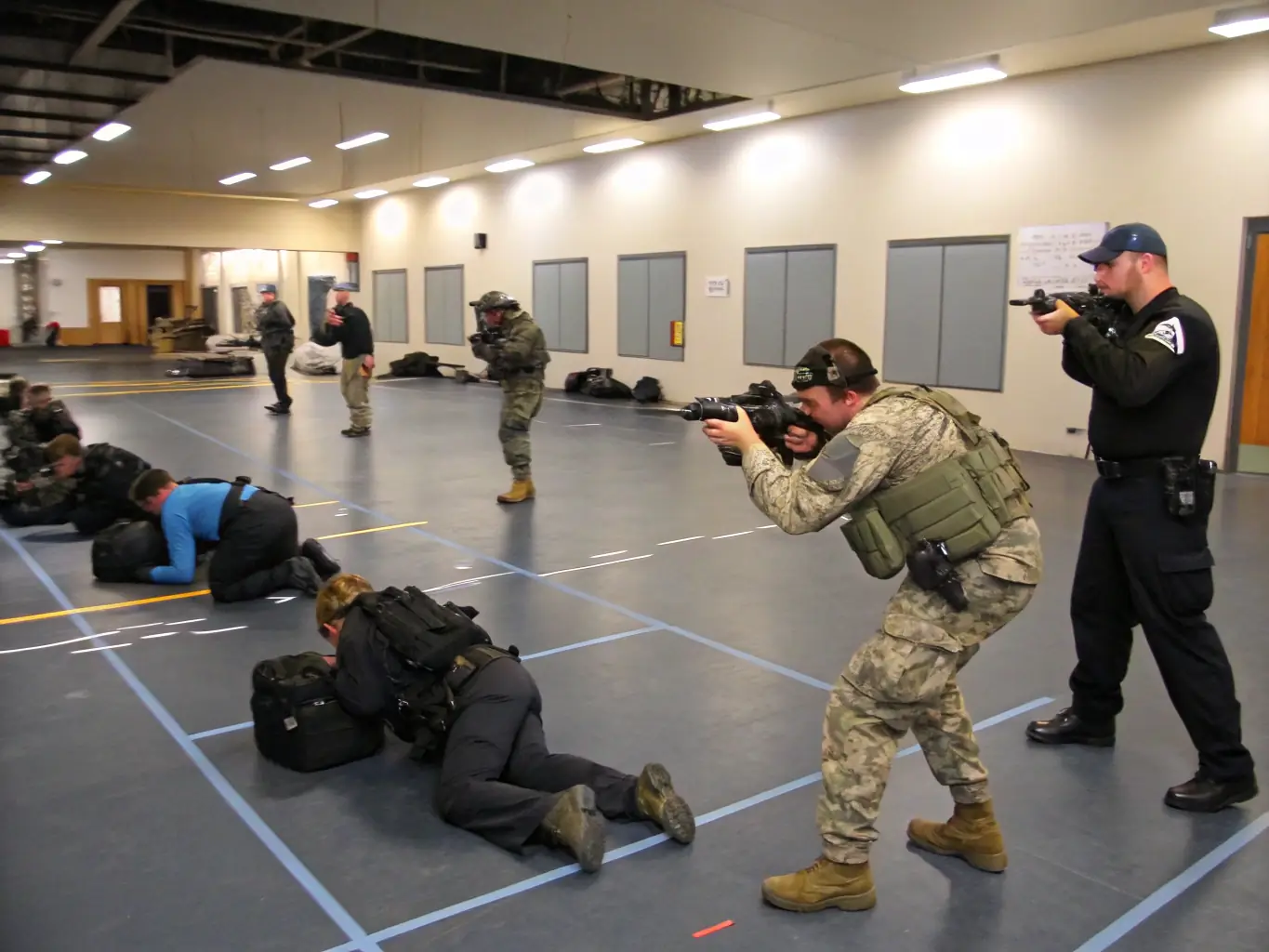 A photograph showcasing students participating in a tactical drill at Elite Tactical Defense, emphasizing the practical application of learned skills in a controlled environment.