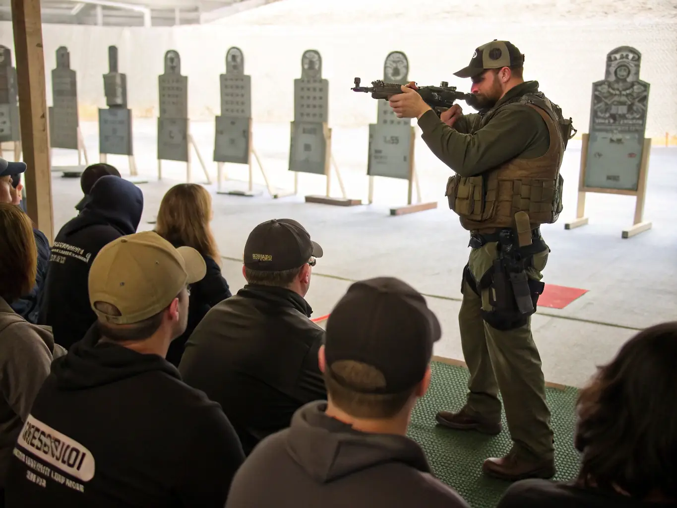 A photograph depicting a firearms training session at Elite Tactical Defense, focusing on students engaged in a scenario-based exercise, with instructors providing guidance and feedback.
