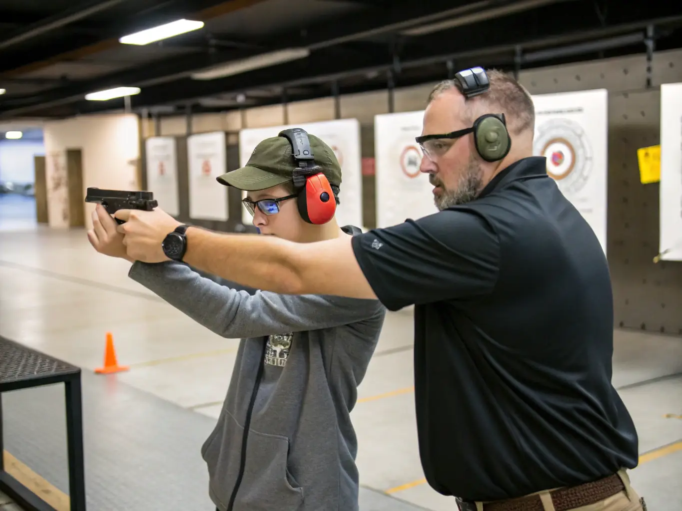 A person confidently holding a handgun at a shooting range, focusing on the target, representing CCW training in New York.
